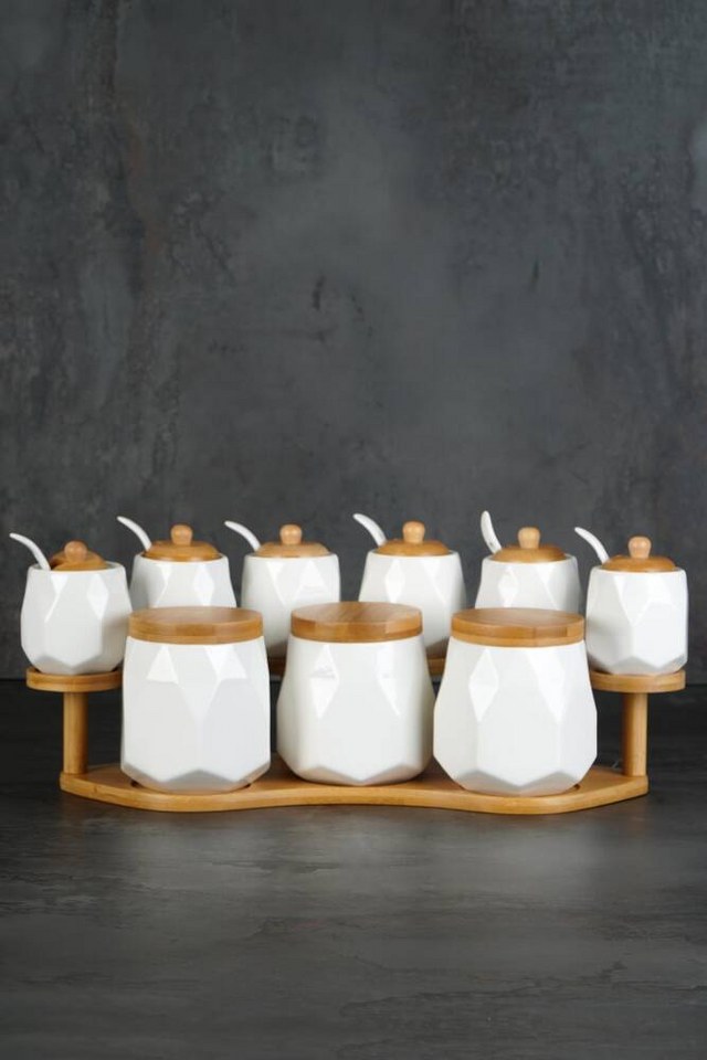 Dania Beyaz Porselen Bambu Stand 9'Lu Baharat Set_640x960